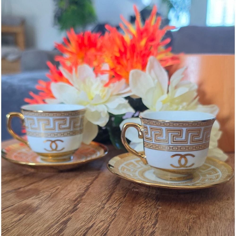 Gilded White Gold Greek Key Tea Cup Set of 2 - Picture 4 of 9